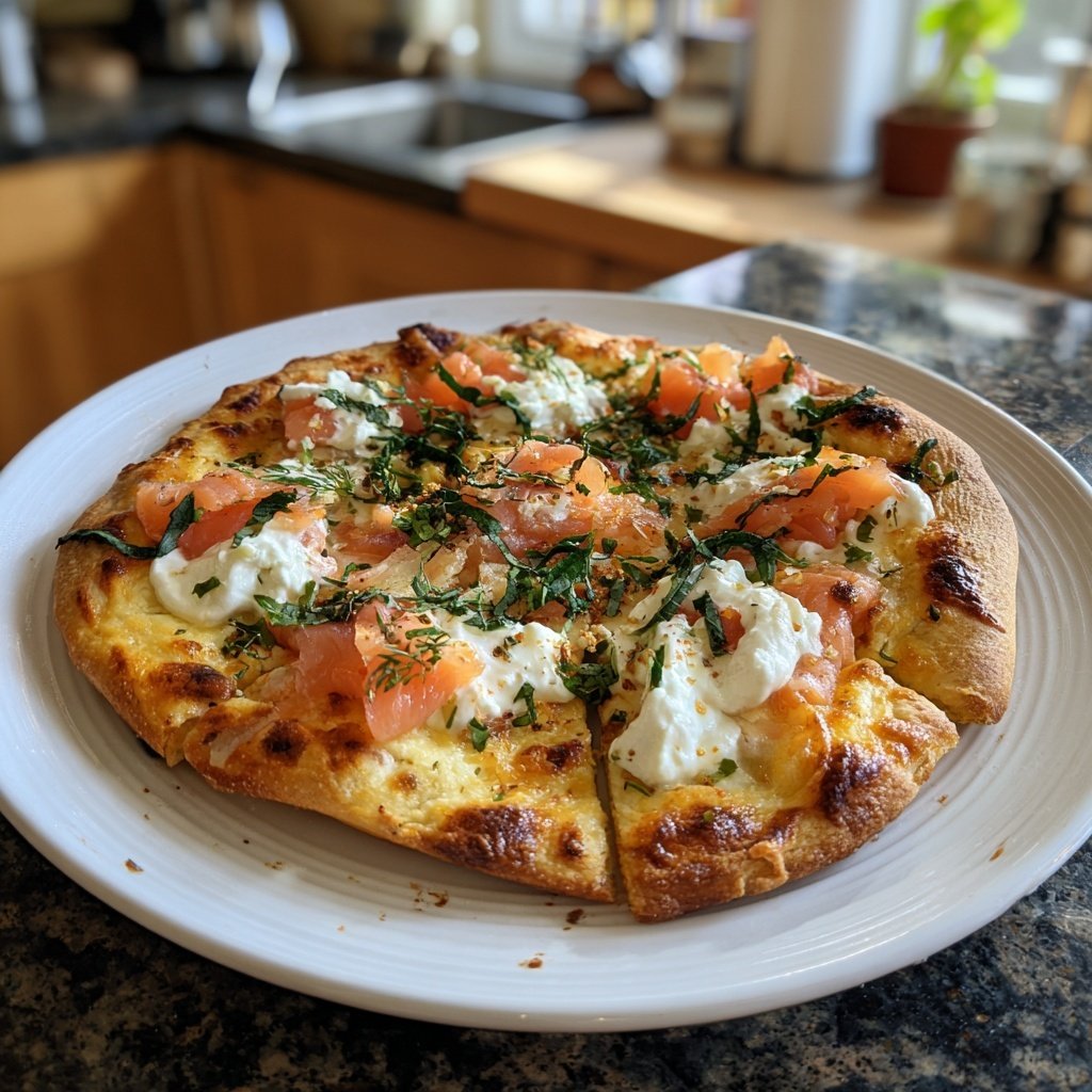 Pizza mit Lachs und Crème fraîche