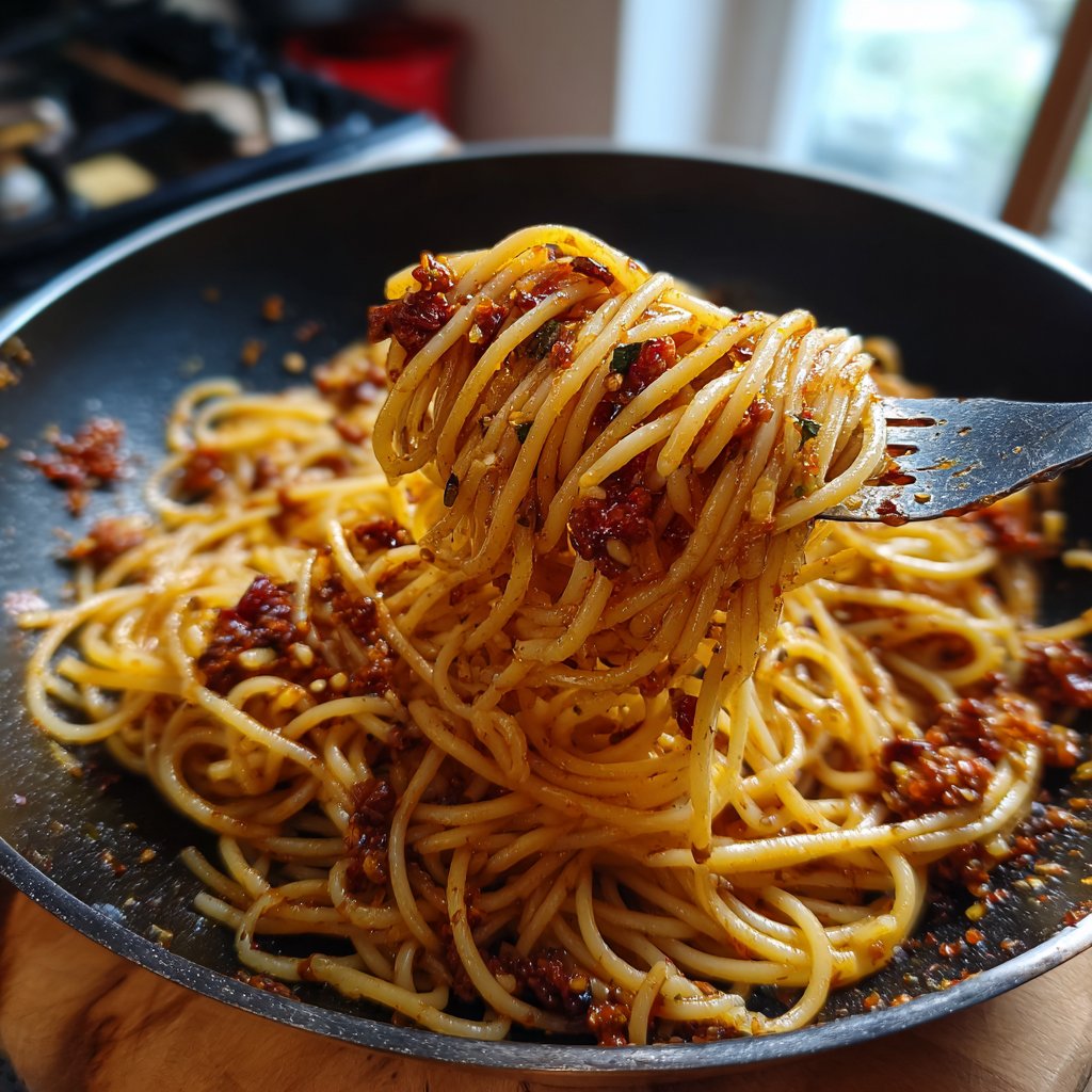 Spaghetti mit Chili und Knoblauchöl